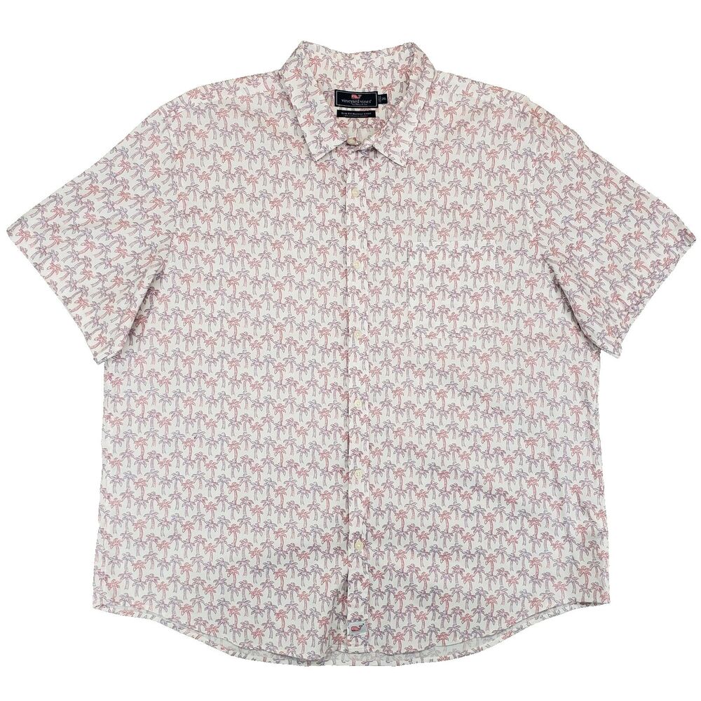 Vineyard Vines Murray‎ Shirt Mens 2XL Pink Palm Tree All Over Print Aloha Slim